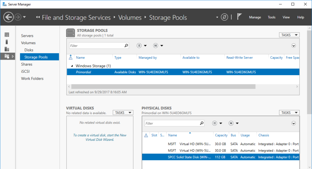 Server Manager - File and Storage Service - Volumes - Storage Pools