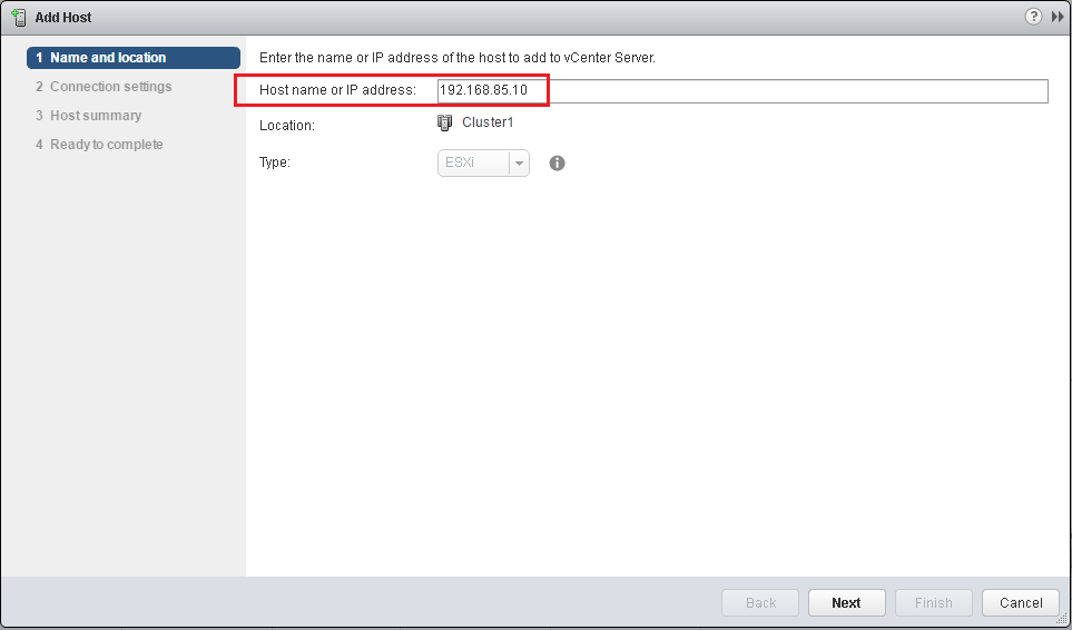 VMware - vShpere Web Client - Add Host - Name and Location