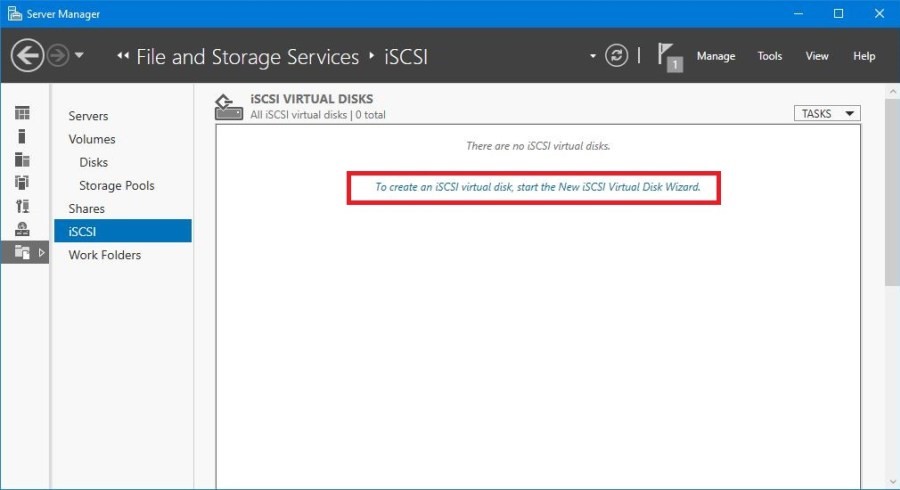 Server Manager - File and Storage Services - iSCSI - Create