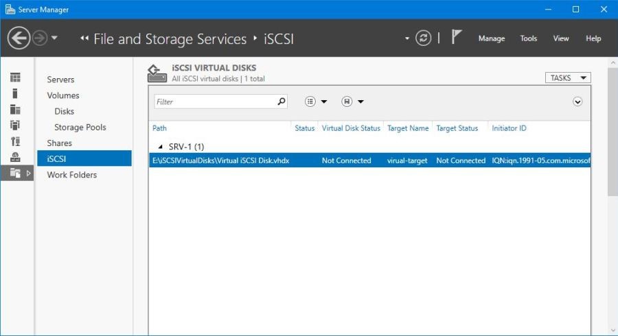 Server Manager - File and Storage Services - iSCSI