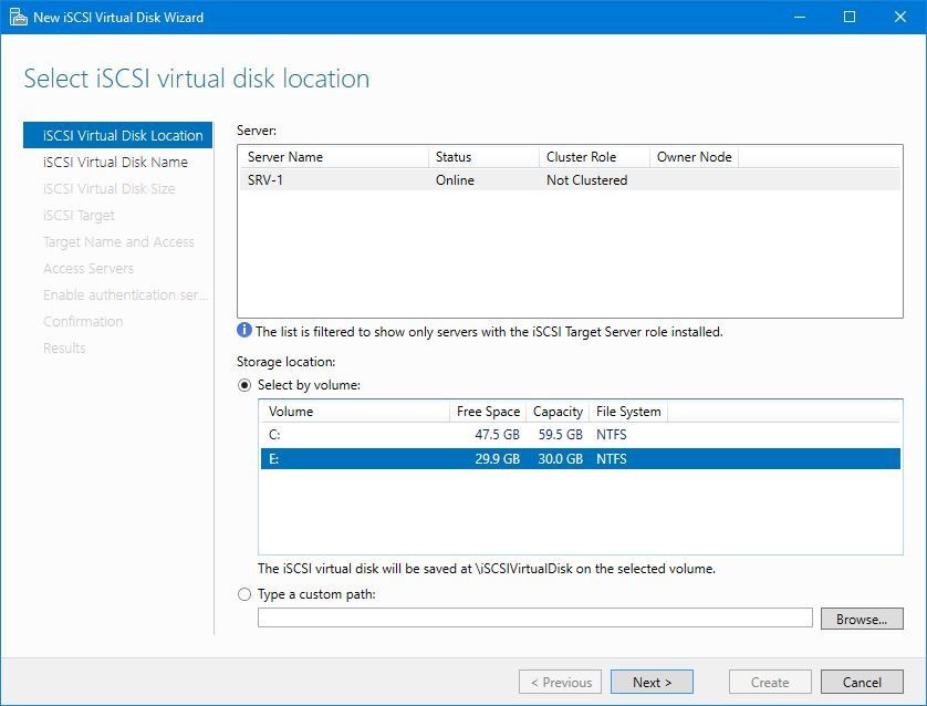 Select iSCSI virtual disk location