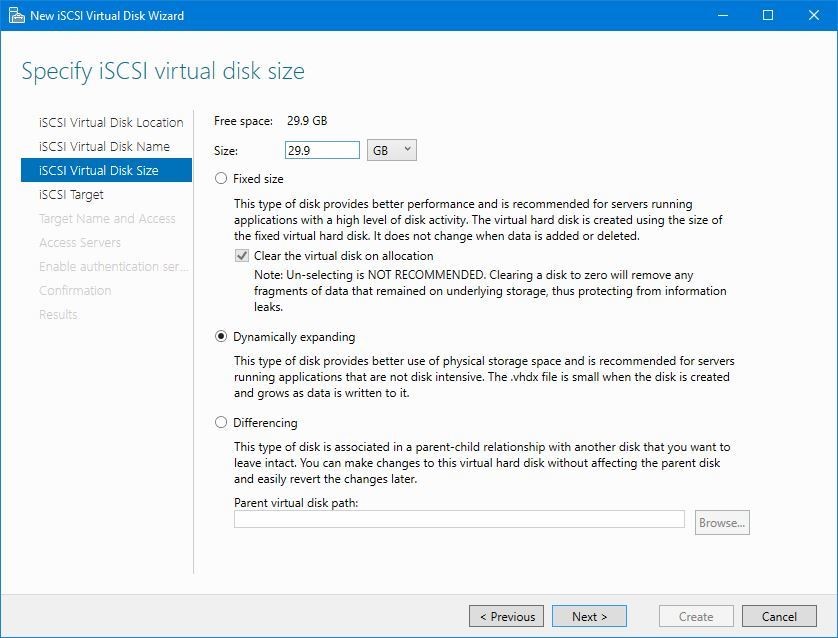 Specify iSCSI virtual disk size