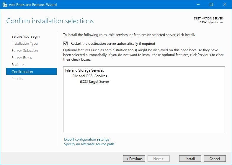 Add Roles and Features Wizard - Confirm installation selection