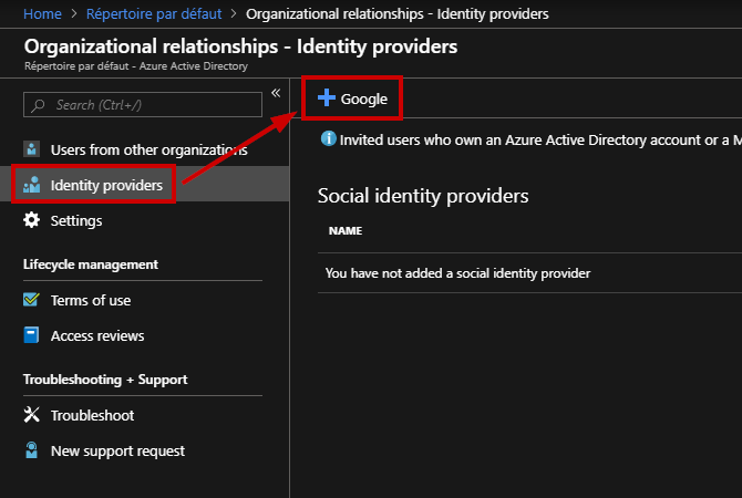 Navigate to "Identity Providers" and click "Google"