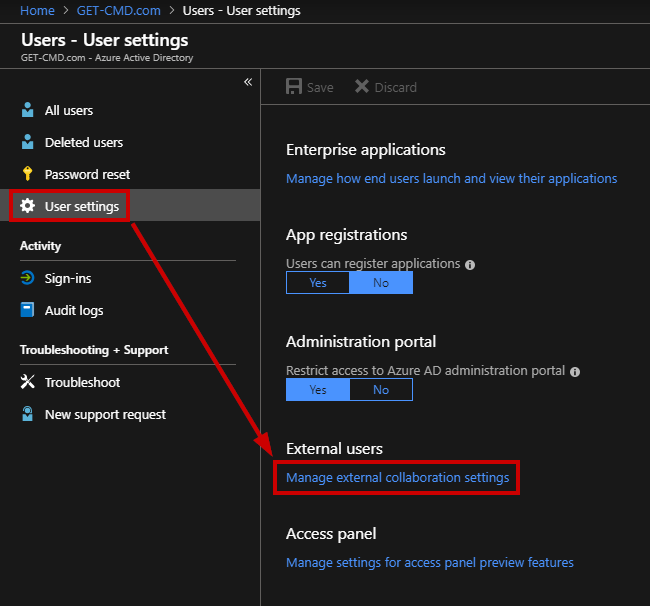 Go to "User settings" in the Azure AD blade