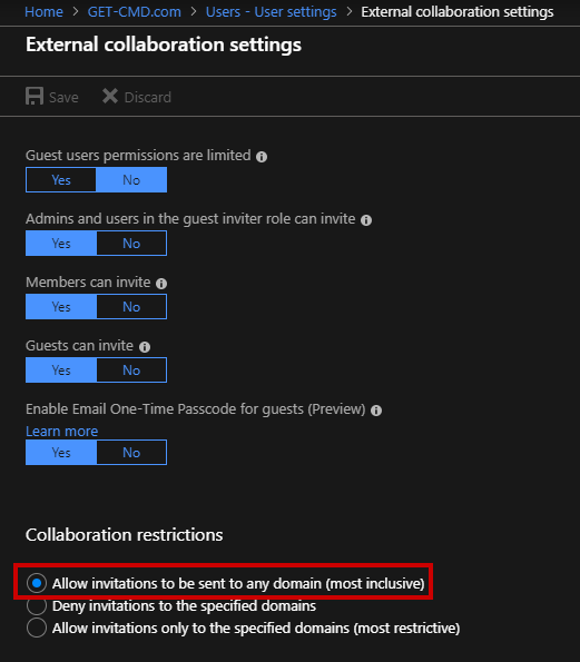 Select the first option to allow invitations to be sent to any domain.