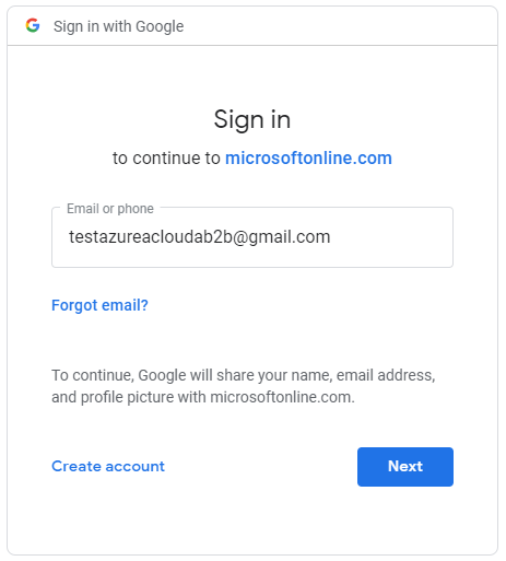 Click "Next", and you will notice that you will be redirected from the Azure login to Google login