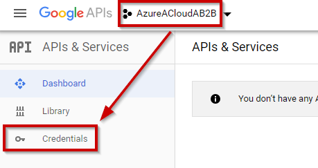 Select this project in the drop down menu and navigate to "Credentials" section