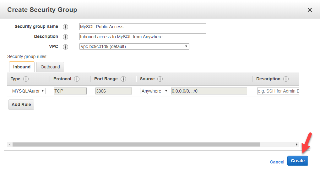 Create to create Security Group settings