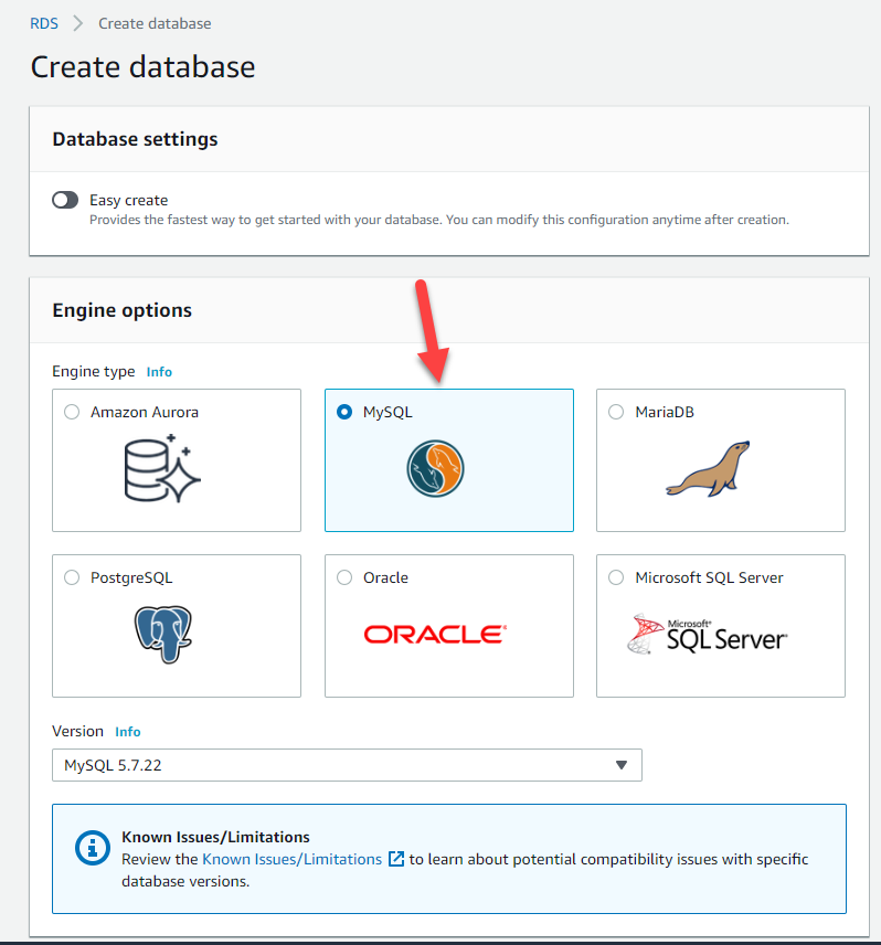 Select MySQL engine type and configure your RDS instance