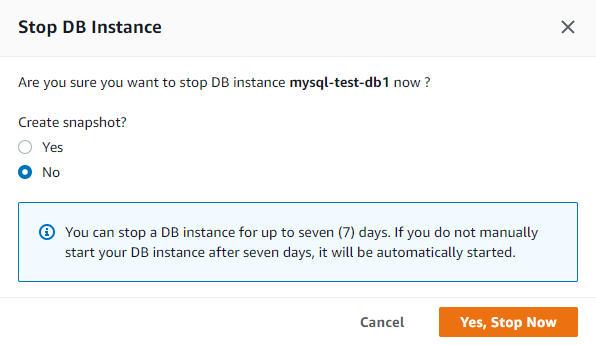 Stop RDS MySQL instance