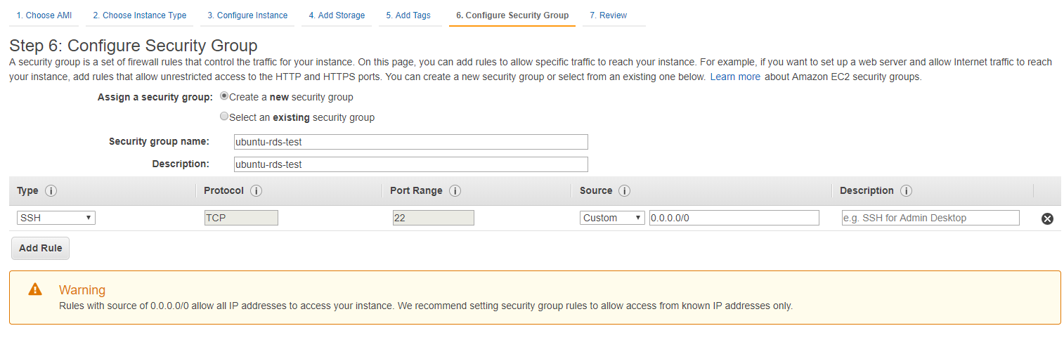 AWS EC2 instance creation wizard - Security Group Configuration step