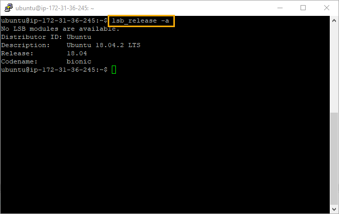 PuTTY Terminal connected to Ubuntu EC2 instance – checking Ubuntu version