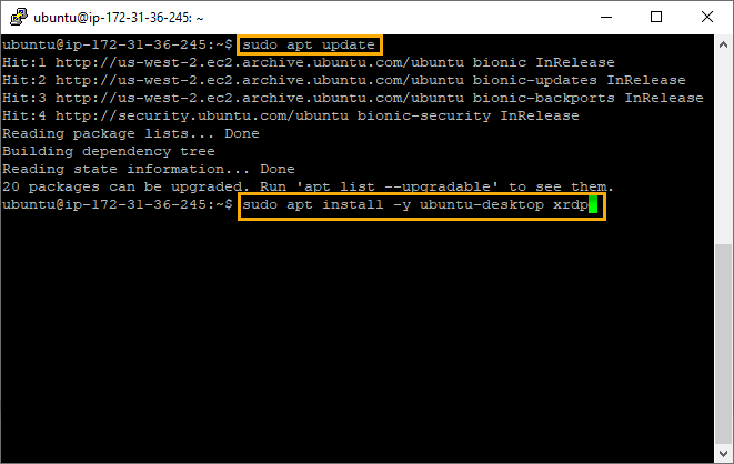 PuTTY Terminal connected to Ubuntu EC2 instance – installing xrdp and ubuntu-desktop packages