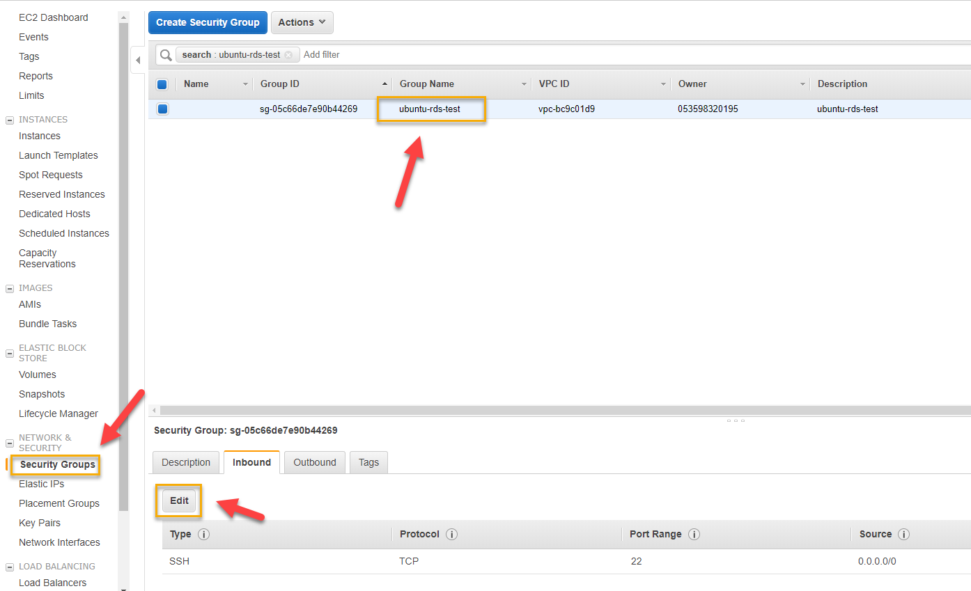 AWS Console – Security Groups – Edit Inbound rules