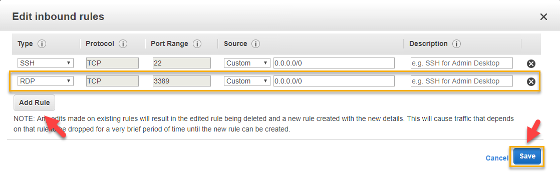 AWS Console – Edit Inbound rules dialogue