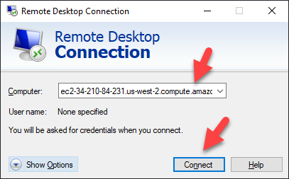 Remote Desktop Connection – Connect Dialogue