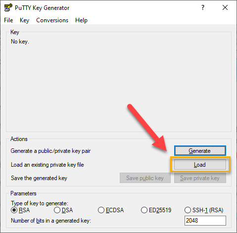 PuTTY Key Generator – Load Key