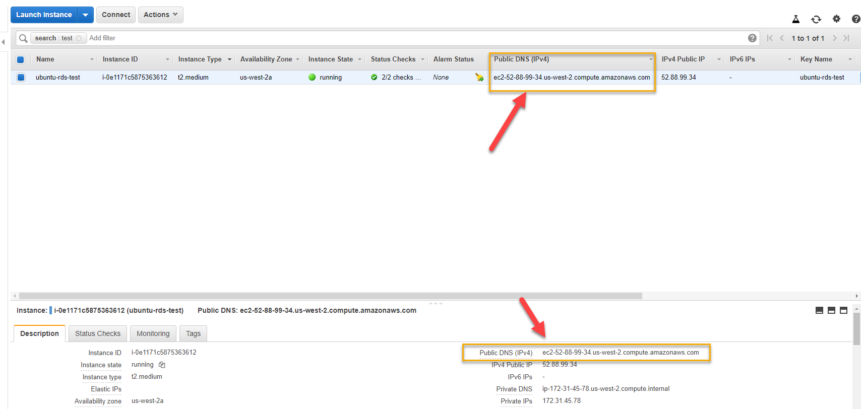 AWS EC2 console – Public DNS (IPv4)