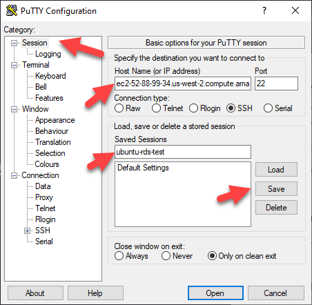 PuTTY Configuration – Saving Session Settings