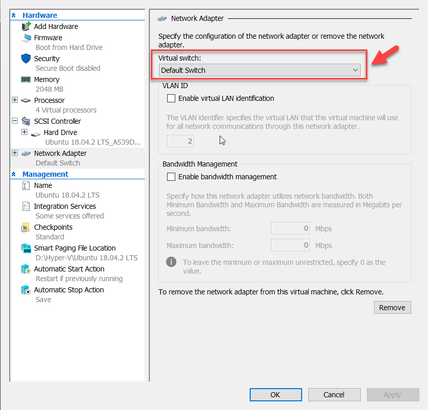 Configuring VM to use Default Switch