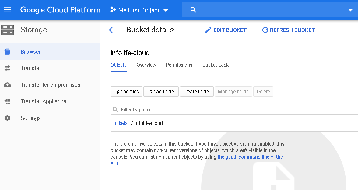 Bucket details in the Storage Browser